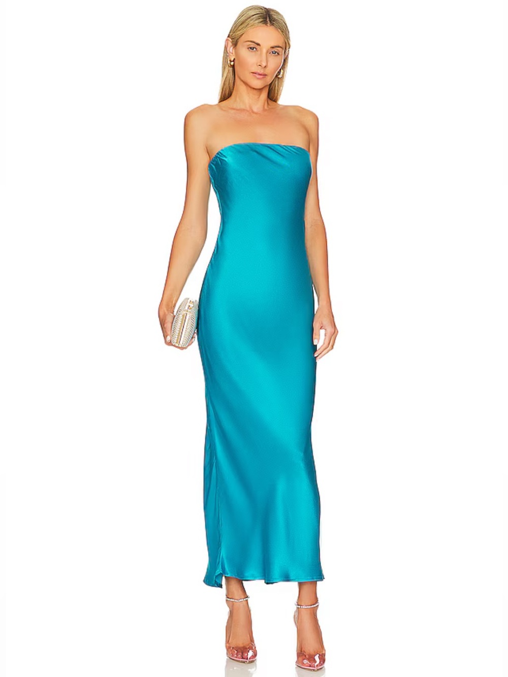 REVOLVE Strapless Satin Slip Dress in Teal